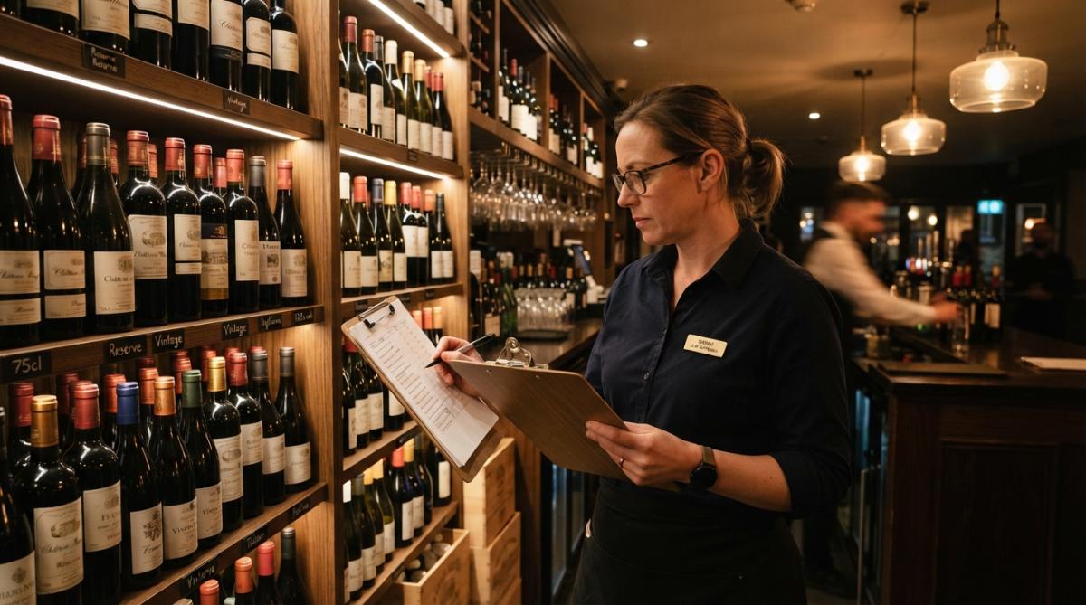 Hotel bar manager checking wine inventory on shelves to assist in streamlining hotel food and drink procurement