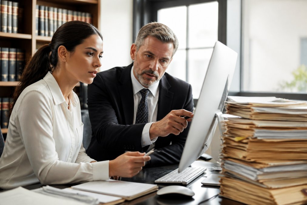 A paralegal and an attorney reviewing a document delivery dashboard on a desktop computer in a bright law office, with a stack of traditional paper files pushed to the side