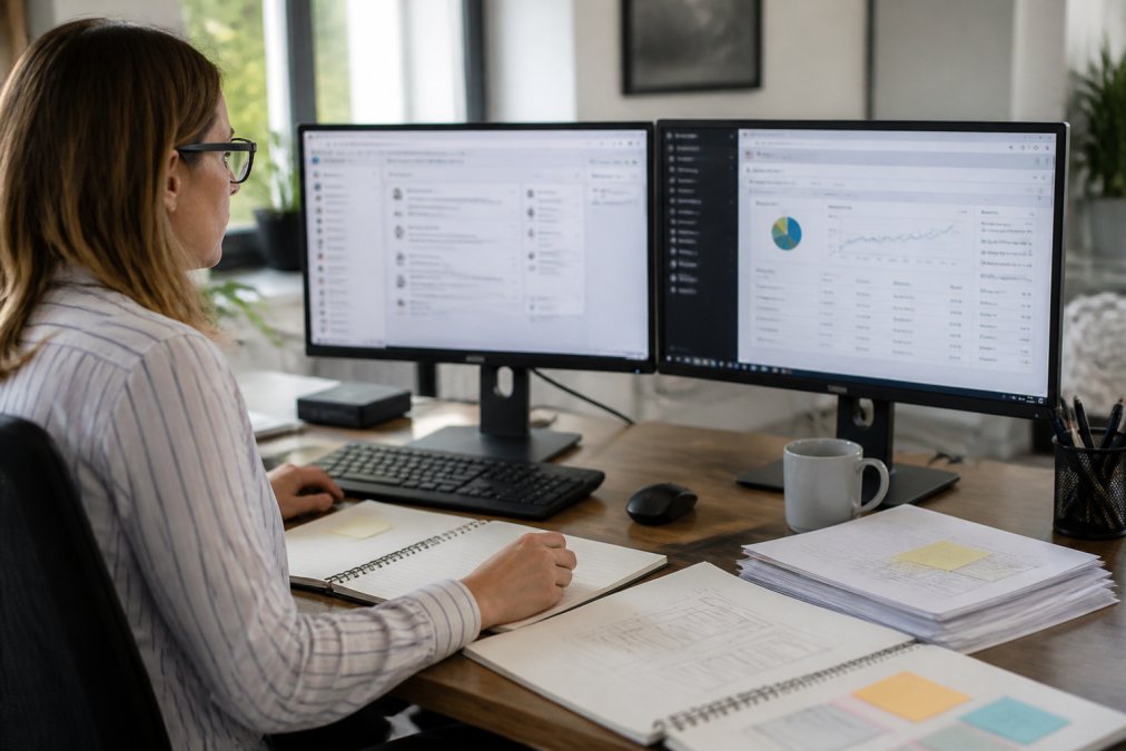 Marketing professional at dual-monitor desk reviewing multiple browser tabs with CRM, email, and analytics dashboards, surrounded by organized notes and workflow documentation