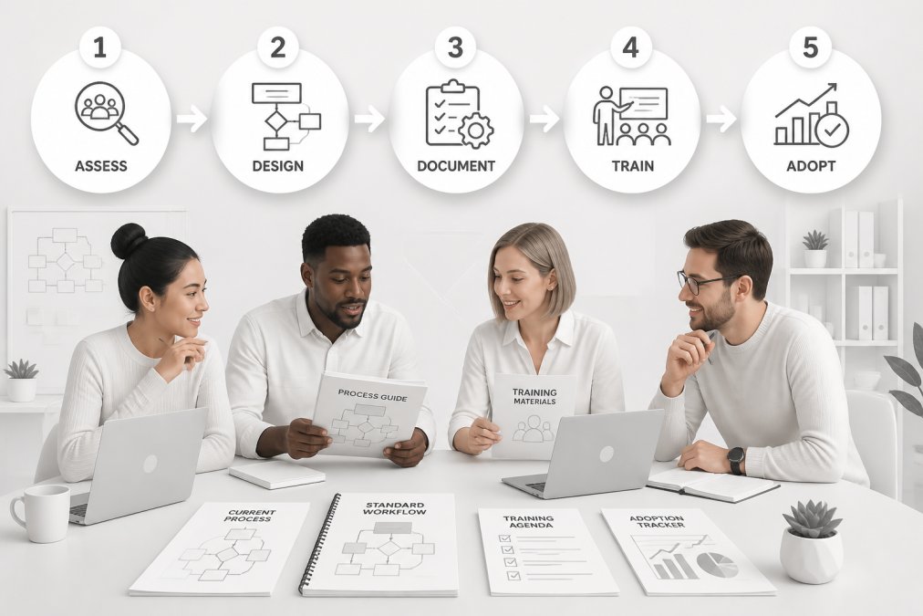 Diverse marketing team of four people gathered around a conference table reviewing printed process documentation and training materials, with laptops open and collaborative energy visible