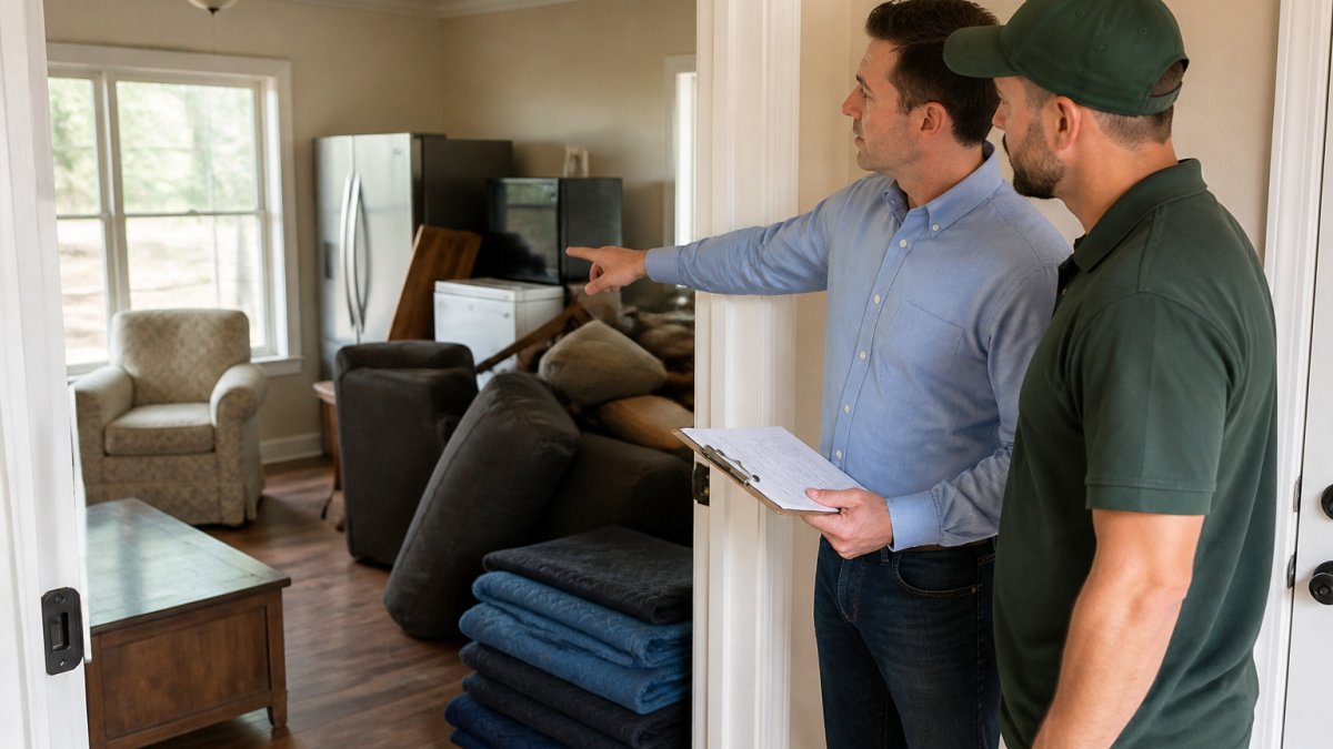 A property manager and a junk removal crew member standing in the doorway of a vacated Tampa rental unit, pointing at a pile of old furniture and appliances in the living room, with a clipboard and moving blankets visible