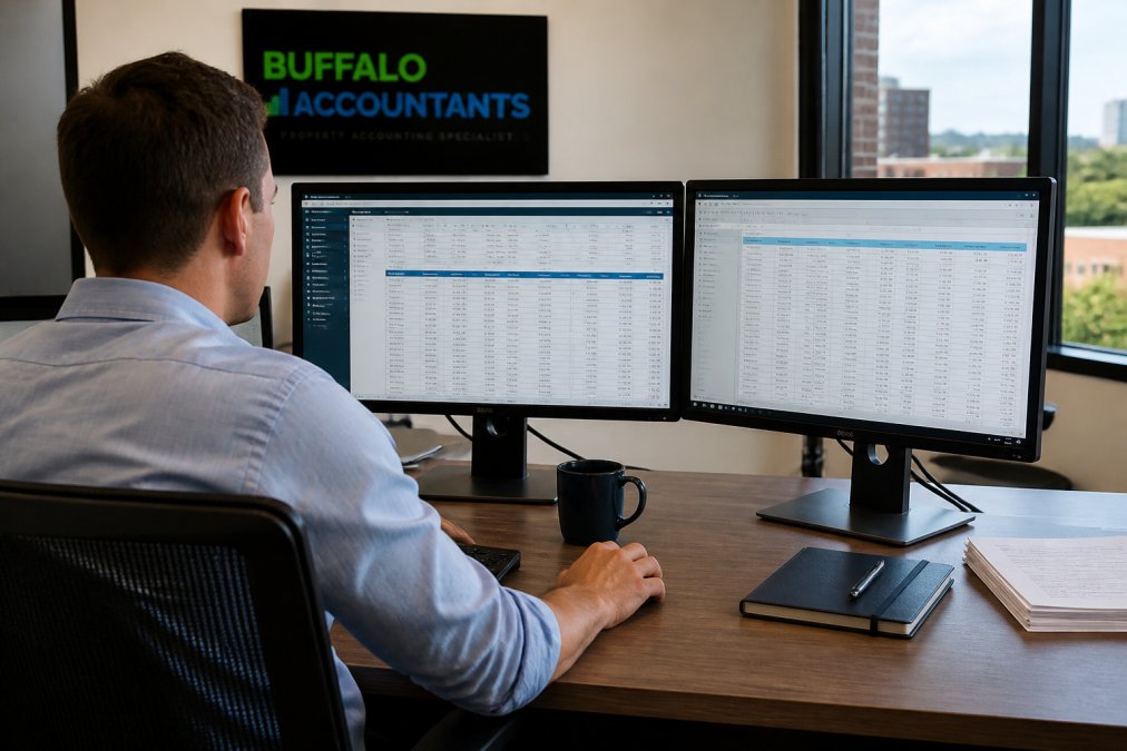 Property manager using accounting software on dual monitors for rental property tax preparation in an office