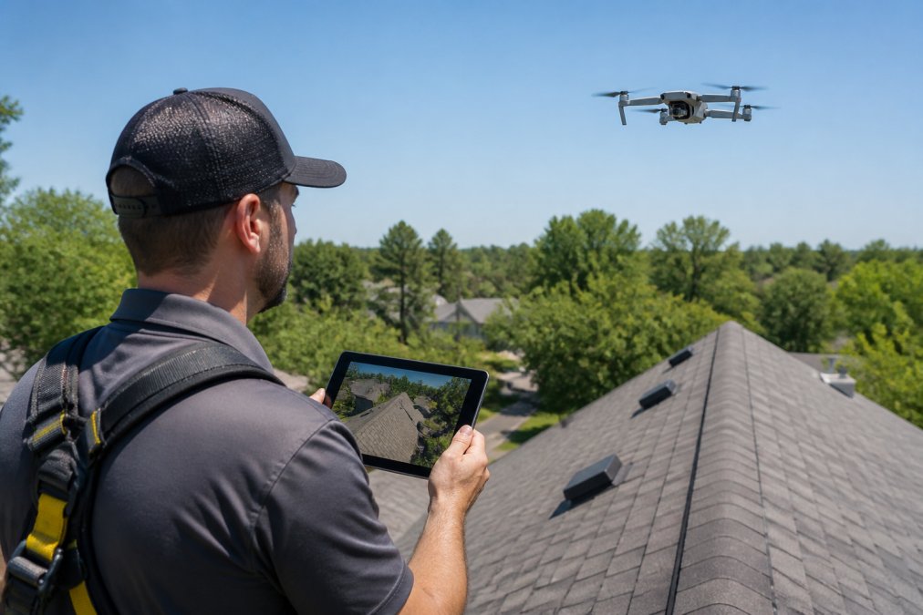 Roofing contractor using a tablet for aerial measurement and roofing project management on a residential site