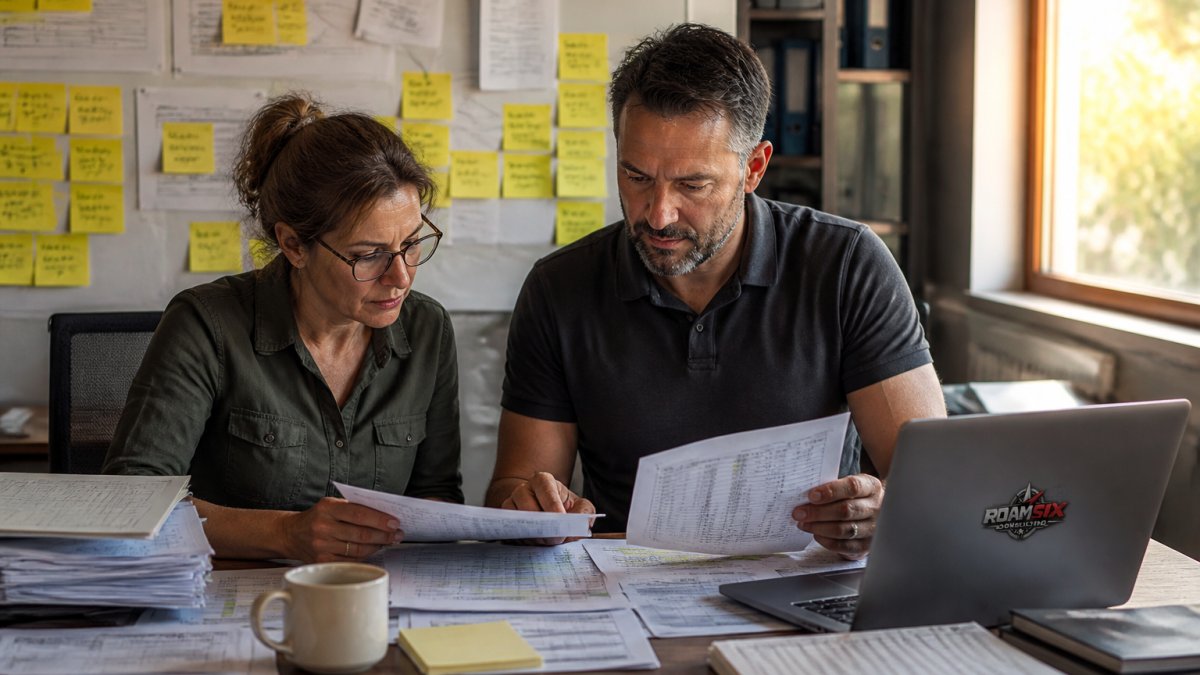 A small business owner and an office manager reviewing printed spreadsheets and a laptop at a cluttered desk, sticky notes marking tasks on the wall behind them, warm afternoon light through a side window