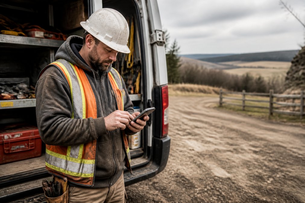 Tradesperson using a smartphone for timesheet entry while working at a rural job site by a service van