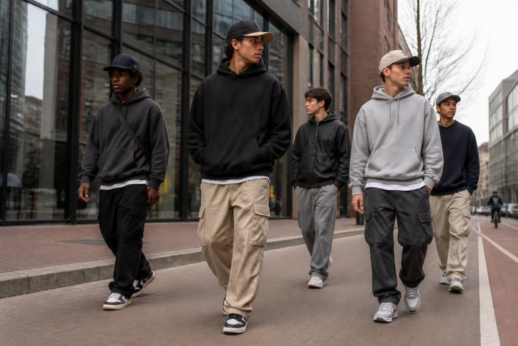 Nuoria aikuisia erilaisissa streetwear-asuissa kadulla: yhdistelmänä oversize-huppareita, vintage-lenkkareita ja kerrostettuja asuja luonnonvalossa