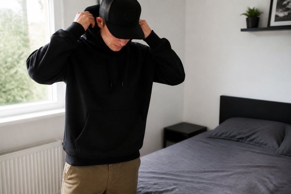 Lähikuva henkilöstä pukemassa rentoa streetwear-asua: Henk The Tank -huppari, istuvat chinot ja Legend-lippalakki, luonnollinen päivänvalo makuuhuoneessa