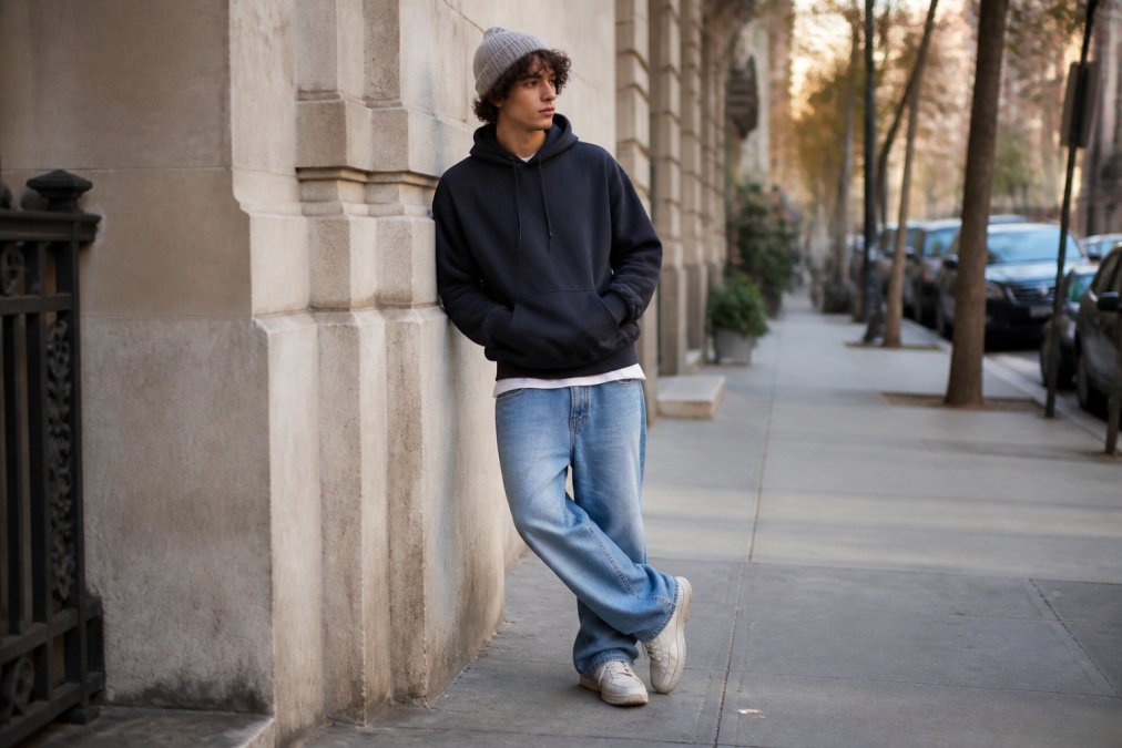 A young adult wearing an oversized hoodie, relaxed jeans, and a knit beanie, standing on a city sidewalk in soft afternoon light with a casual, confident pose