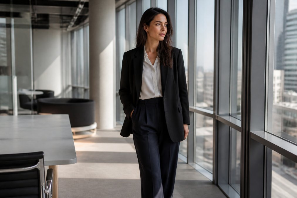Professional woman wearing an oversized black blazer over tailored navy trousers, standing confidently in a modern office with floor-to-ceiling windows and natural light streaming across her face
