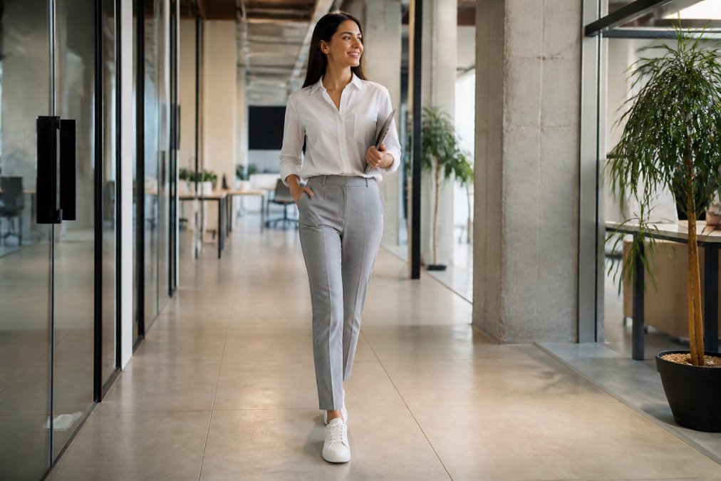 Woman in business casual attire wearing clean white sneakers with tailored grey trousers and a crisp white button-up shirt, walking through a bright, modern office corridor with minimalist design
