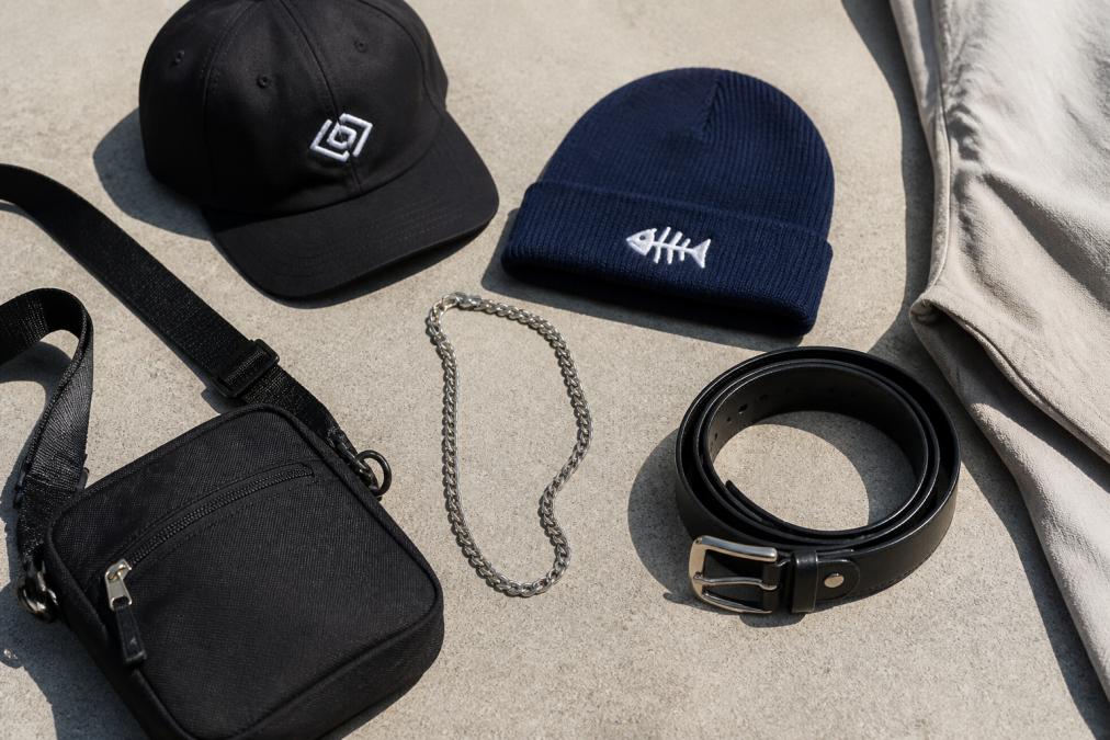 Close-up flat lay of streetwear accessories including a black signature cap, Fish or Die beanie in navy, chunky silver chain necklace, crossbody bag, and leather belt arranged on a light concrete surface with natural daylight