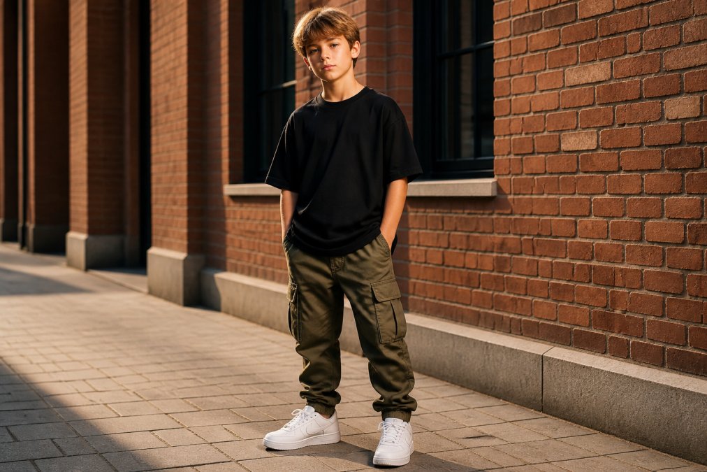 Child wearing oversized black tee with cargo pants and white sneakers, standing confidently against modern urban brick architecture with natural afternoon sunlight