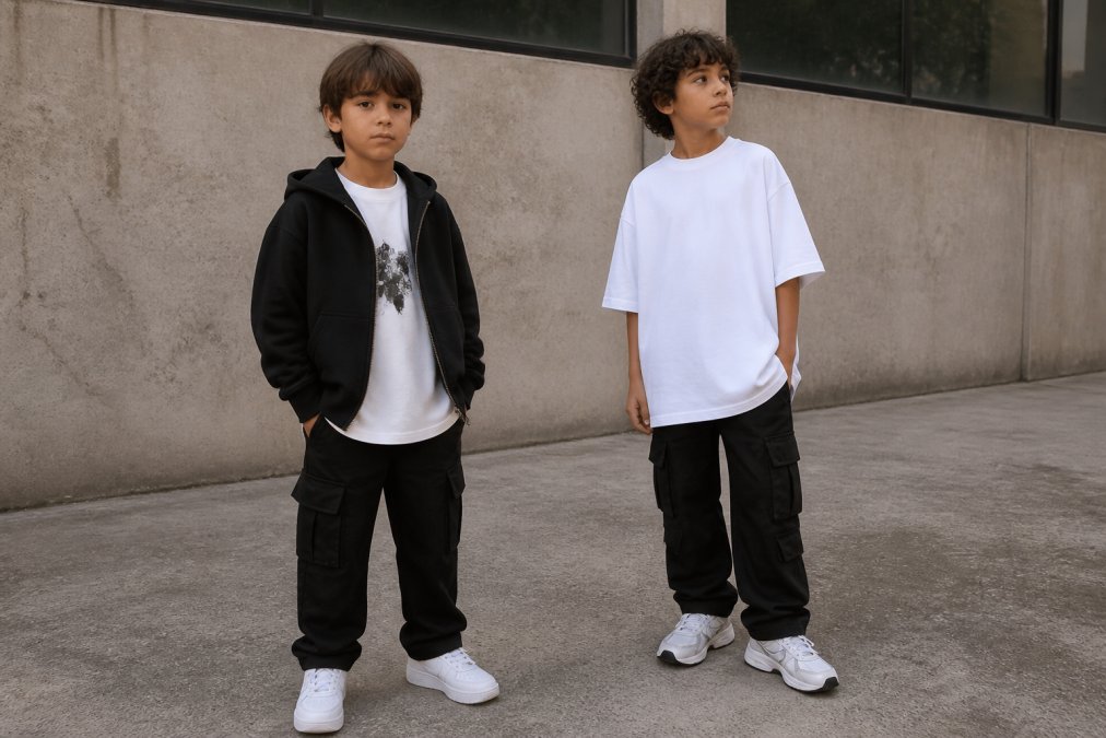 Two kids in layered streetwear outfits, one wearing a black hoody over a white graphic tee with black cargo pants and white sneakers, another in an oversized white long tee with black cargo pants and trainers, both standing in casual urban outdoor setting with natural daylight