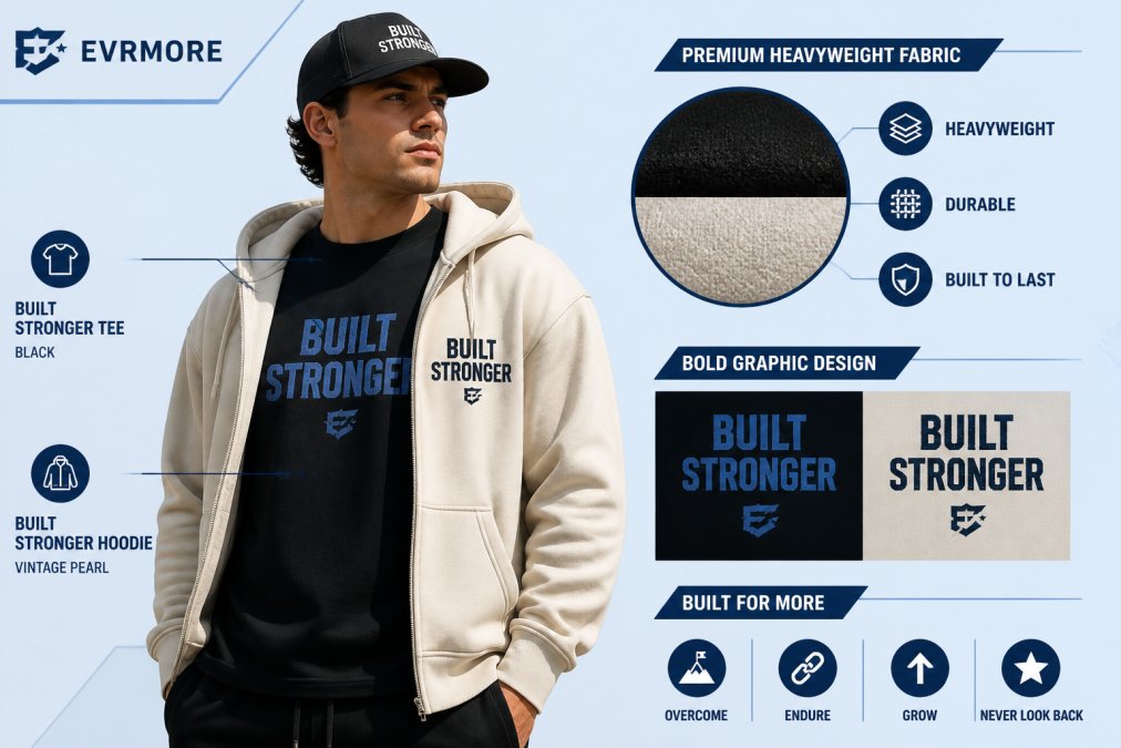 Person wearing EVRMORE Built Stronger tee in Black and Built Stronger hoodie in Vintage Pearl standing in natural daylight, shot from waist up, showing the bold graphic design and premium heavyweight fabric with confident, grounded posture