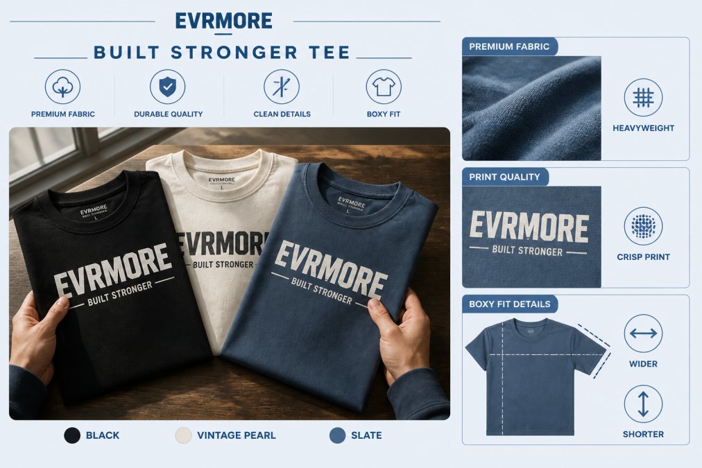 Close-up of hands holding EVRMORE Built Stronger Tee in multiple colorways (Black, Vintage Pearl, Slate) on a wooden surface, showing premium fabric texture, detailed print quality, and boxy fit details in natural window lighting