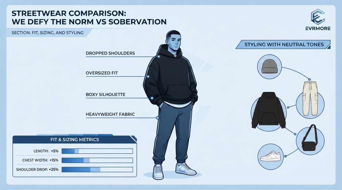 Person wearing oversized boxy streetwear hoodie with dropped shoulders in black, styled casually with neutral tones showing the fit and silhouette on a real body