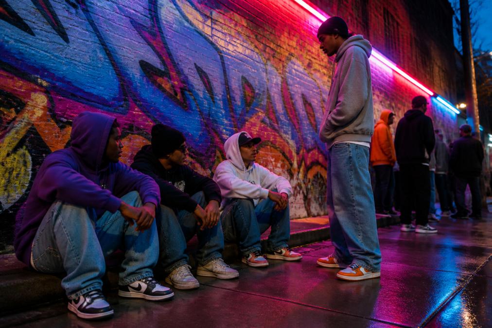 Gruppe junger Menschen auf der Straße, gekleidet in Oversized-Hoodies, Baggy-Jeans und farbenfrohen Sneakers; Graffiti-Wandgemälde im Hintergrund; Neonbeleuchtung in der Abenddämmerung