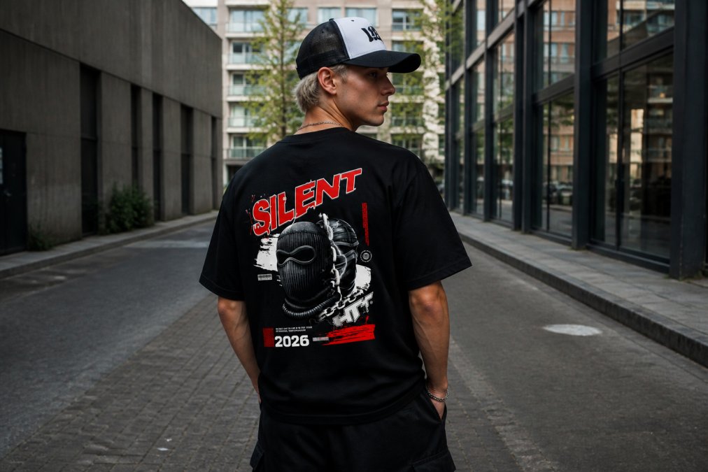 Primer plano de una persona con una gorra trucker y un look streetwear oversize informal; la gorra queda perfectamente ajustada en la cabeza, combinada con una camiseta relajada y un estilo streetwear en un entorno cotidiano