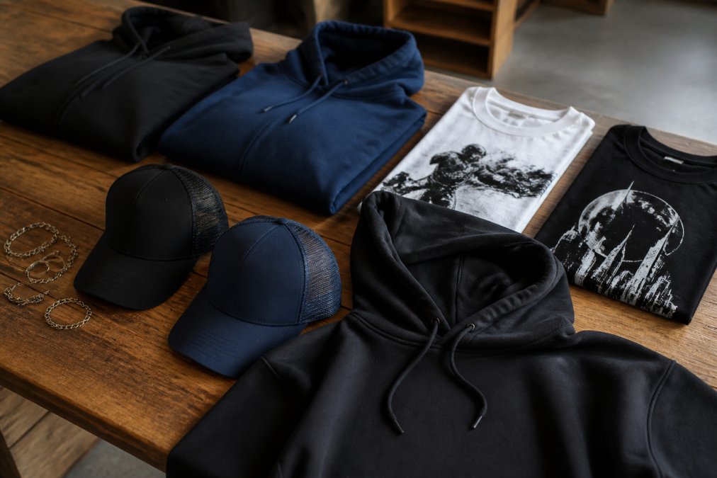 Närbild av olika streetwear-plagg prydligt utlagda på ett träbord: oversized huvtröjor i svart och marinblått, grafiska t-shirts, truckerkepsar och minimalistiska accessoarer i dämpade färger