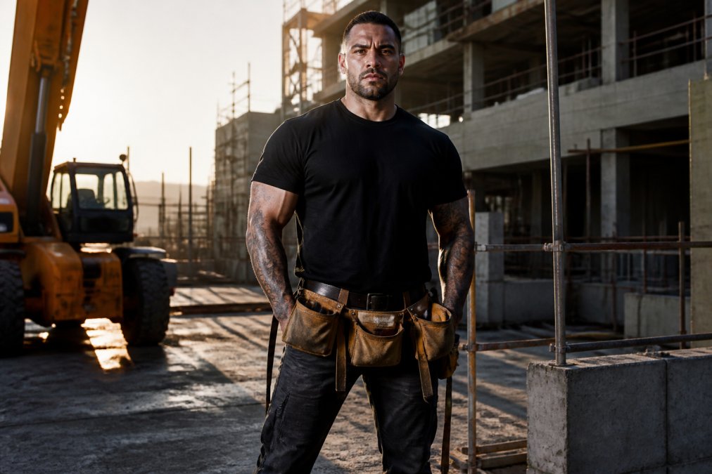 A muscular man in a heavyweight black t-shirt and work pants standing on a construction site at dawn, tool belt on, looking directly at the camera with a confident expression
