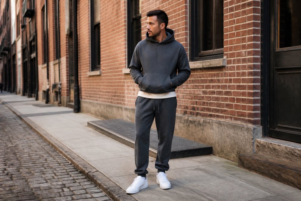Confident man in his 30s wearing a boxy hoodie, layered with a neutral tee, tailored sweatpants, and clean white sneakers, standing in natural daylight in an urban streetscape with brick buildings