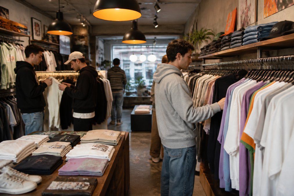 Interieur van trendy streetwear boutique met kleurrijke displays van designer merken, jongeren die voorzichtig kleding uitzoeken en aanraken, warm verlicht met moderne hanglampen