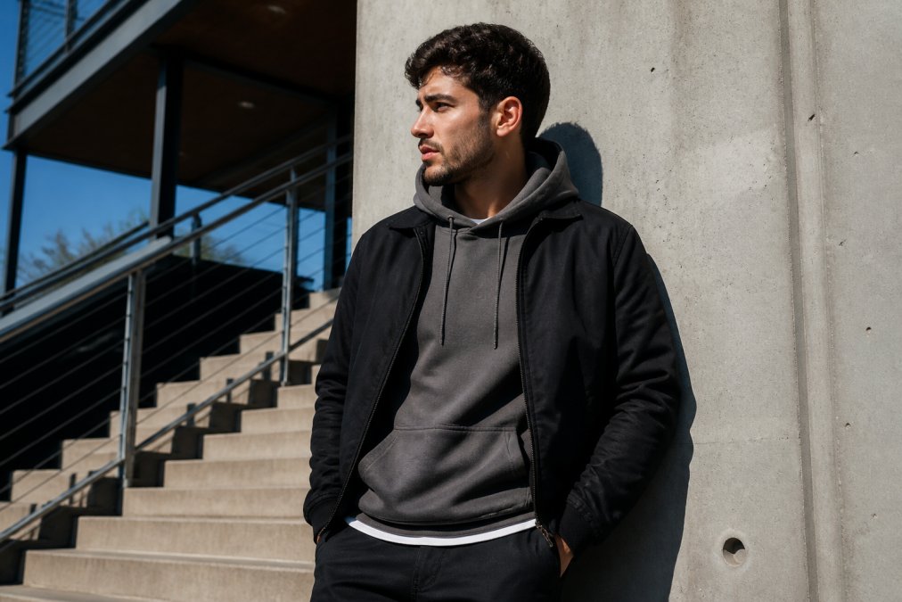 A man wearing a heavyweight hoodie under an open jacket, showing a clean layered streetwear look with no bulk at the shoulders, shot outdoors in soft daylight