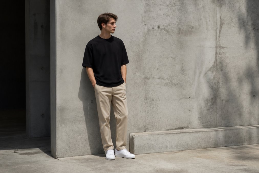 Een man in een minimalistische streetwear outfit met oversized zwart t-shirt, rechte beige broek en witte sneakers, staande tegen een betonnen muur in zacht natuurlijk licht