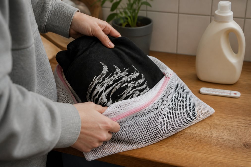 Handen die voorzichtig een zwarte hoodie met witte grafische print in een fijnmazig waszakje plaatsen, met een fles mild wasmiddel en een thermometer op de achtergrond