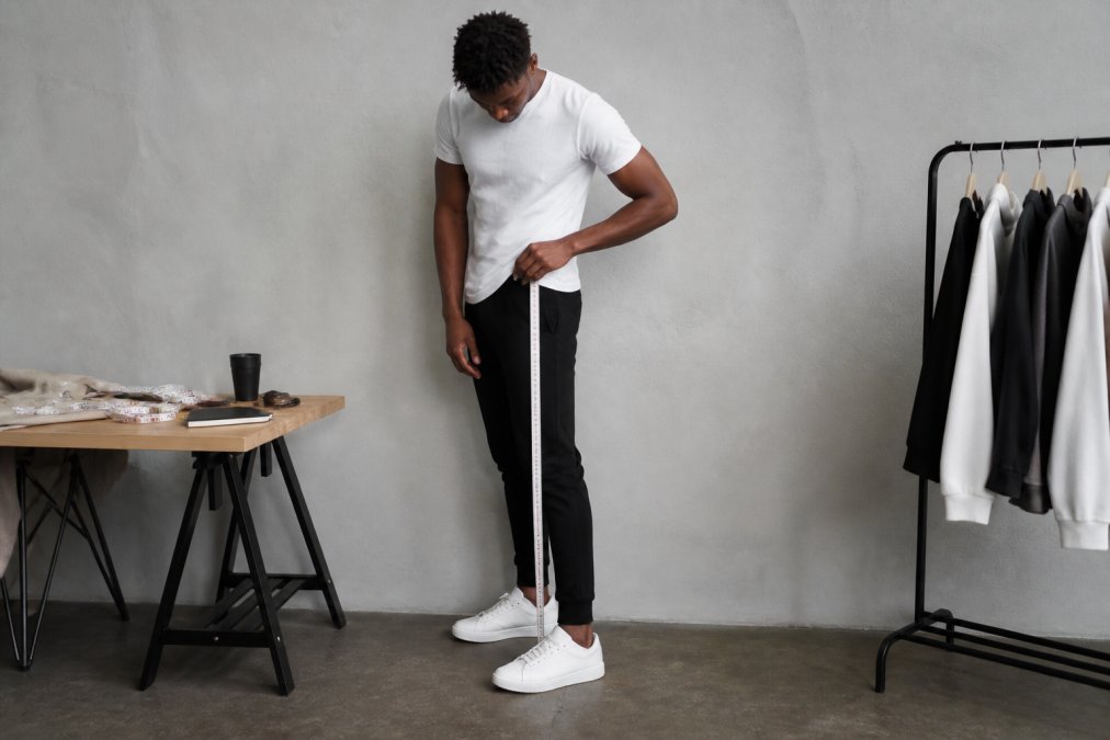 Tall male model (6ft+) standing against a neutral wall, wearing fitted joggers and a plain t-shirt, using a fabric measuring tape to measure his inseam from hip to ankle with proper posture and natural lighting