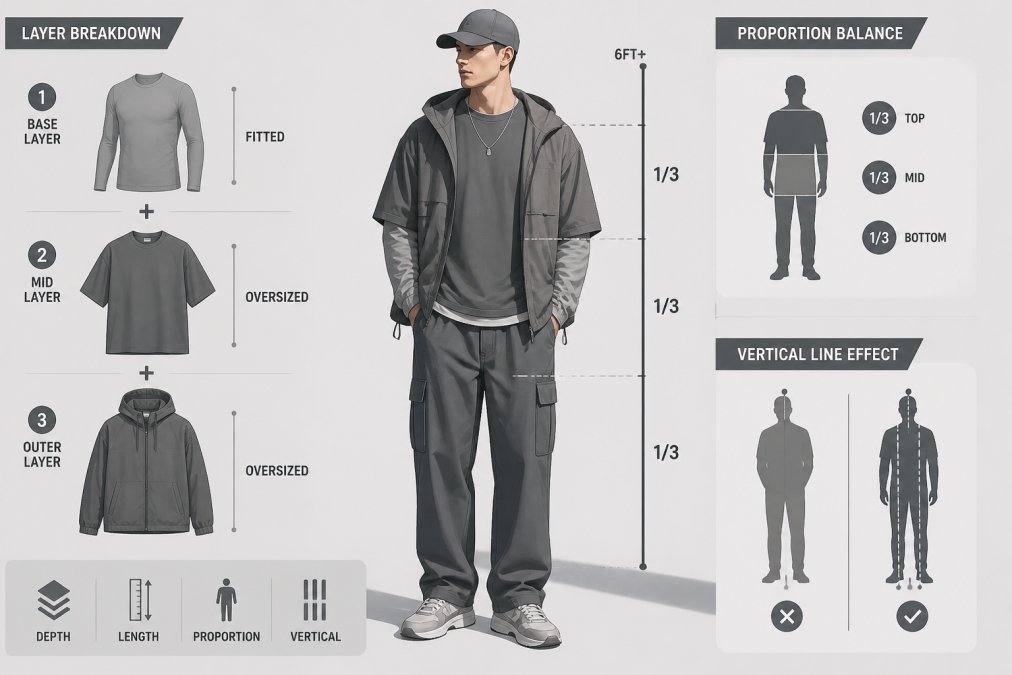 Tall male model (6ft+) wearing a complete layered streetwear outfit: long-sleeve fitted base layer in neutral tone, oversized short-sleeve t-shirt over top, and oversized outer layer jacket, standing in natural light showing how layers create balanced proportions and vertical lines