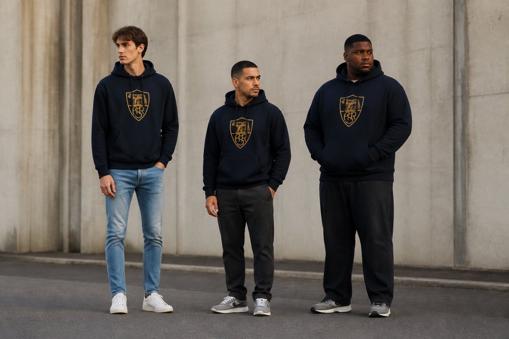 Drie verschillende mannen met verschillende lichaamstypes, een lange slanke man in oversized hoodie met slim jeans, een compactere man in halfoversized shirt met fitted broek, en een man met breder postuur in structured oversized fit, elk staande in stedelijke omgeving met natuurlijke verlichting