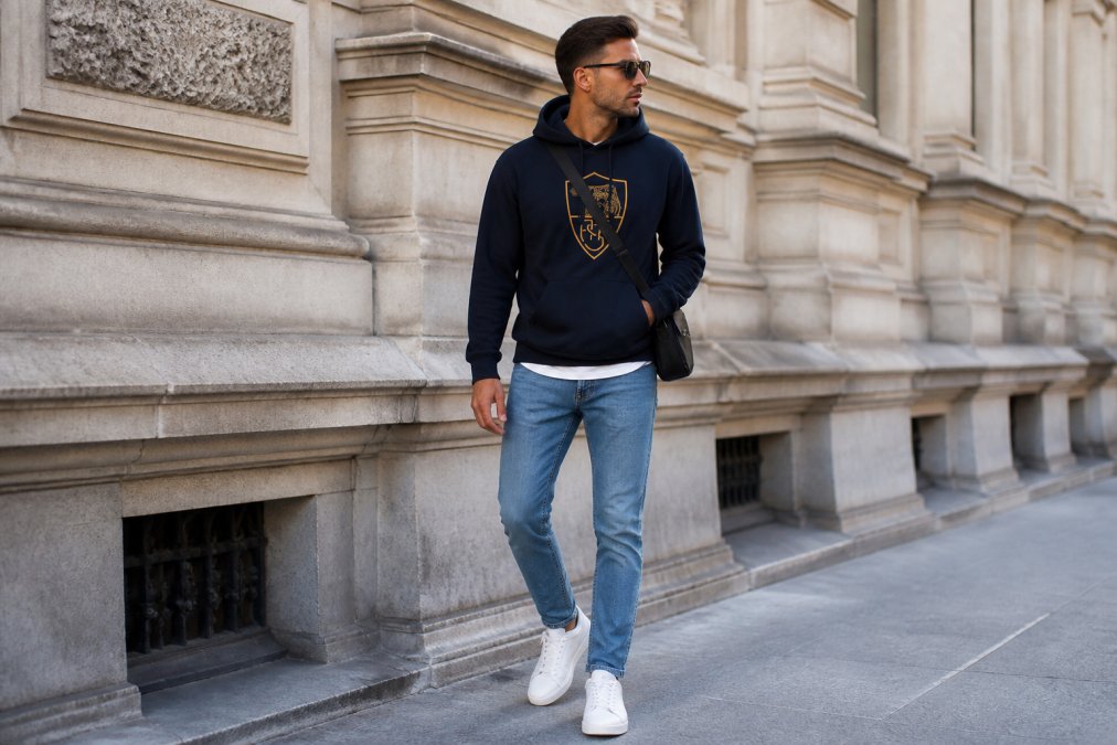 Persoon in volledig gestylde streetwear outfit met gelaagde kleding, oversized premium hoodie, fitted jeans, schone sneakers, crossbody tas als accessoire, staande in stedelijke omgeving met natuurlijke daglichting, zelfverzekerde houding