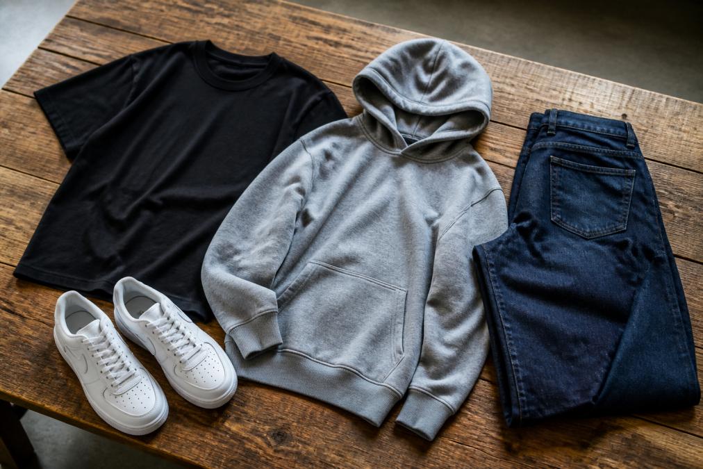 Flat lay af streetwear-essentials på et træbord: oversized sort t-shirt, grå heavy blend-hoodie, mørkeblå baggy jeans og hvide sneakers, oplyst klart, så stoffernes tekstur og kvalitet er synlig
