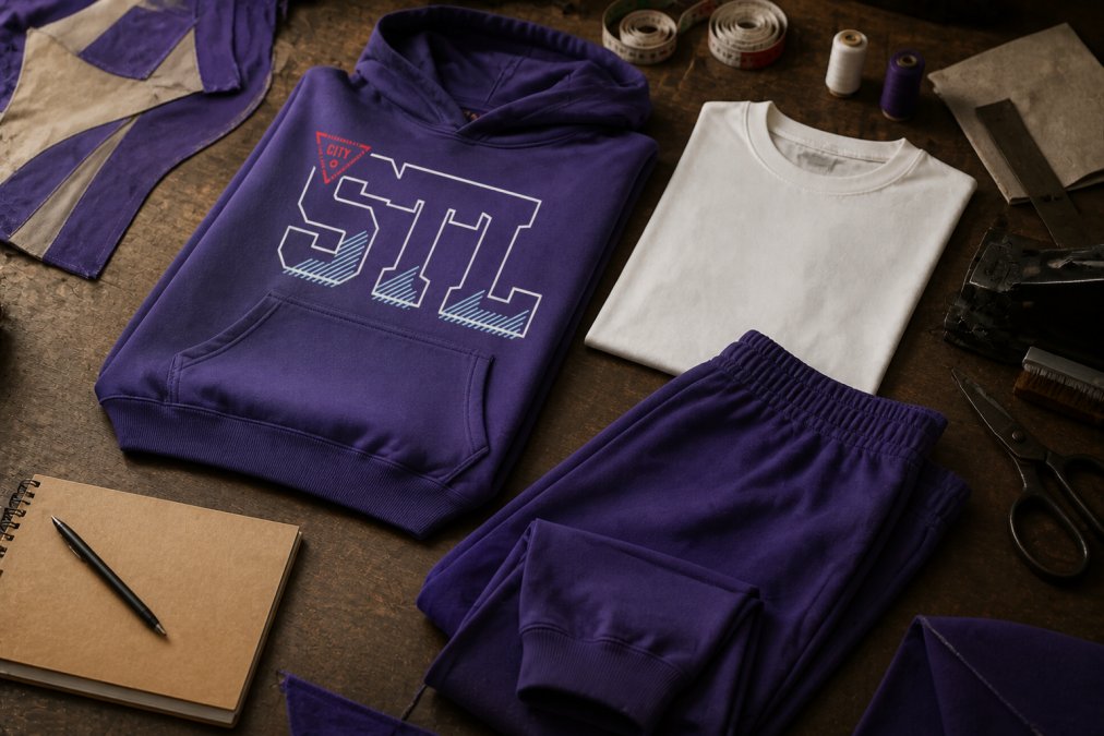 Overhead flat-lay of layered streetwear pieces including a boxy hoodie, premium tee, and sweatpants with visible fabric textures and construction details, arranged to show how pieces coordinate together