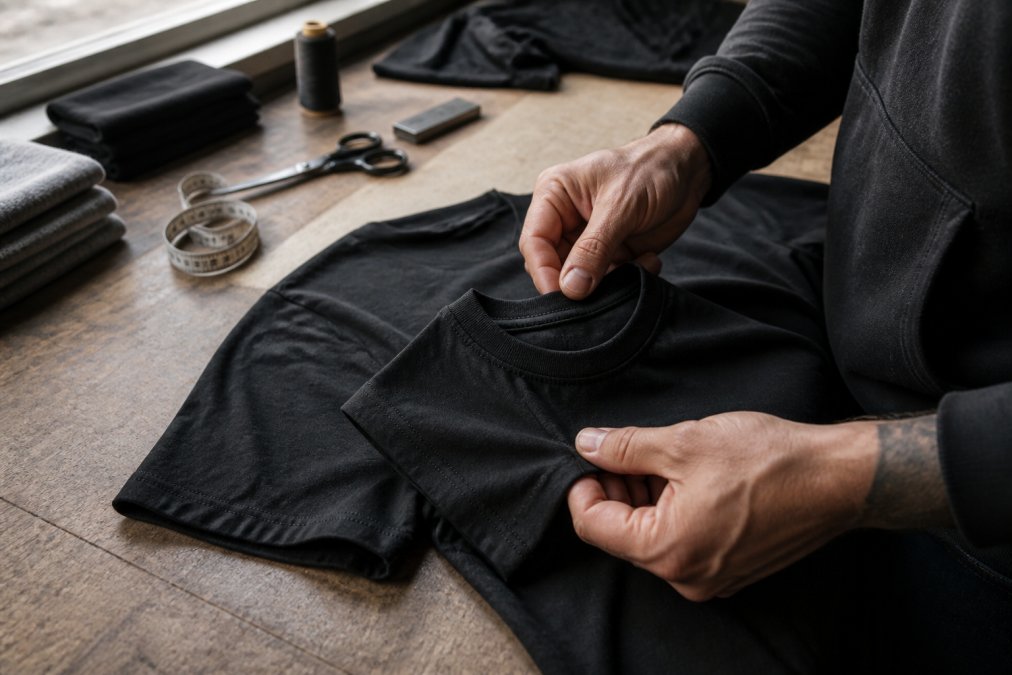 Close-up of hands inspecting the double-needle stitching and reinforced collar on a heavyweight cotton t-shirt laid flat on a workbench, natural side light from a window