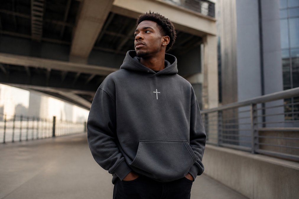A young adult wearing a heavyweight oversized faith-based hoodie with a minimalist cross design, standing in an urban setting with a relaxed, confident posture