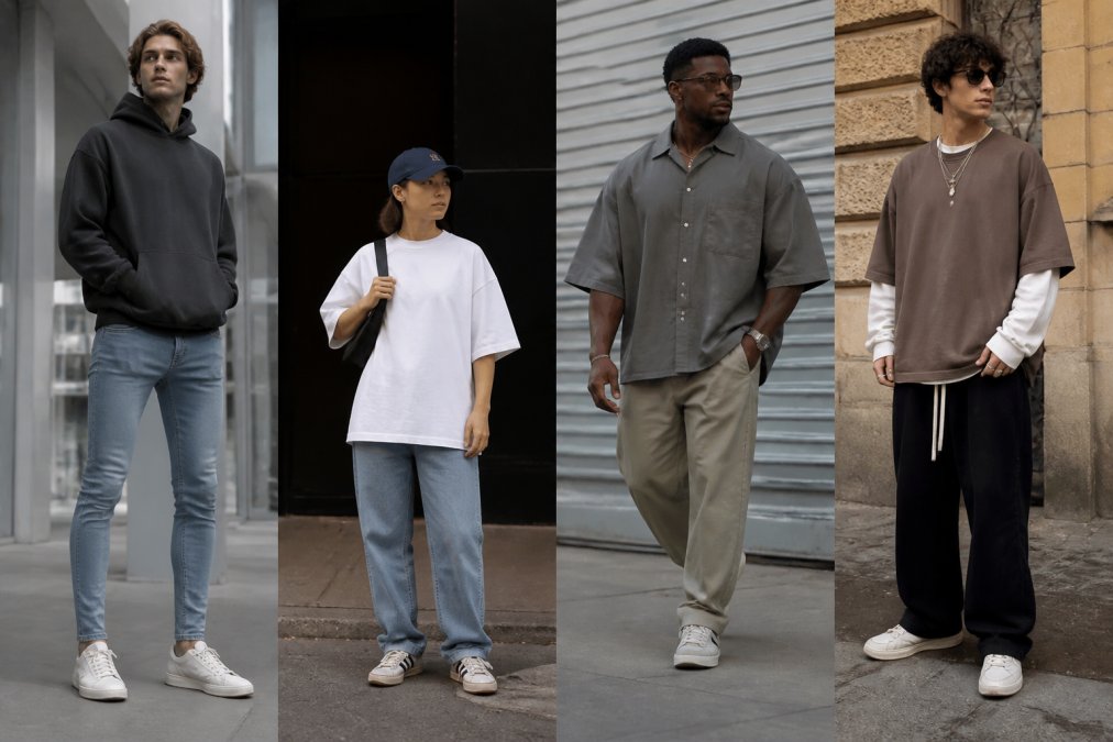 Collage van vier verschillende lichaamstypes die oversized streetwear op verschillende manieren dragen, een lange persoon in oversized hoodie met fitted jeans, een korte persoon in oversized t-shirt tot middel met normale jeans, een persoon met brede schouders in oversized shirt met taps toeloping, en een slanke persoon in gelaagde oversized pieces, elk voorbeeld toont hoe dezelfde trend anders werkt voor verschillende lichamen