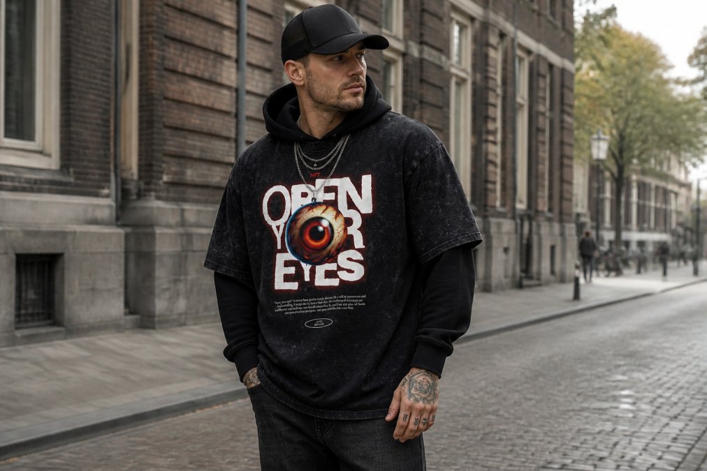 En voksen mand i trediverne iført et velafstemt streetwear-outfit med oversized hoodie i sort, mørk denim, hvide sneakers og en minimalistisk truckercap, stående i urbane omgivelser i naturligt dagslys