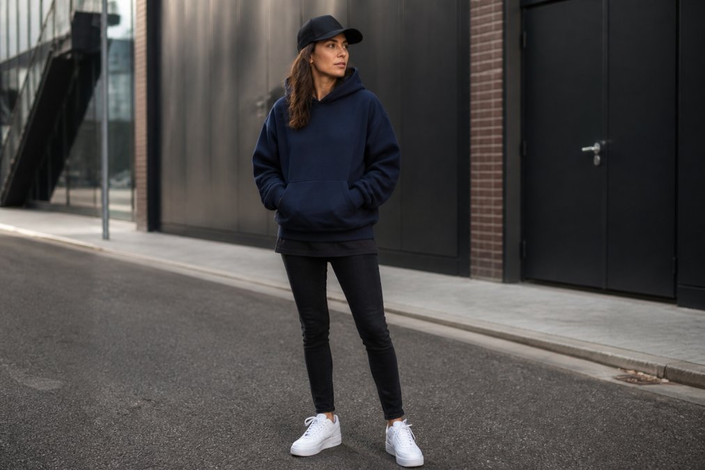 En voksen kvinde i trediverne iført velafstemte streetwear-basics med en oversized hoodie i marineblå, slim-fit sort denim, hvide sneakers og en minimalistisk trucker cap, stående i moderne urbane omgivelser i naturligt dagslys