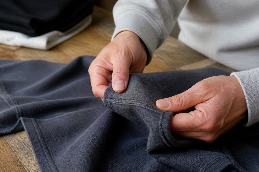 Close-up of hands examining heavyweight hoodie fabric texture, running fingers along seams and checking stitch quality and material thickness on a work table with natural lighting