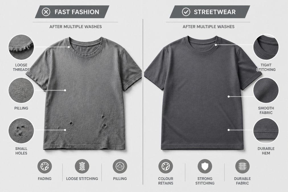Two t-shirts displayed side by side on a light surface, one showing visible fading, loose threads at the neckline and small holes from pilling, the other crisp with vibrant colour and tight, even stitching after multiple washes