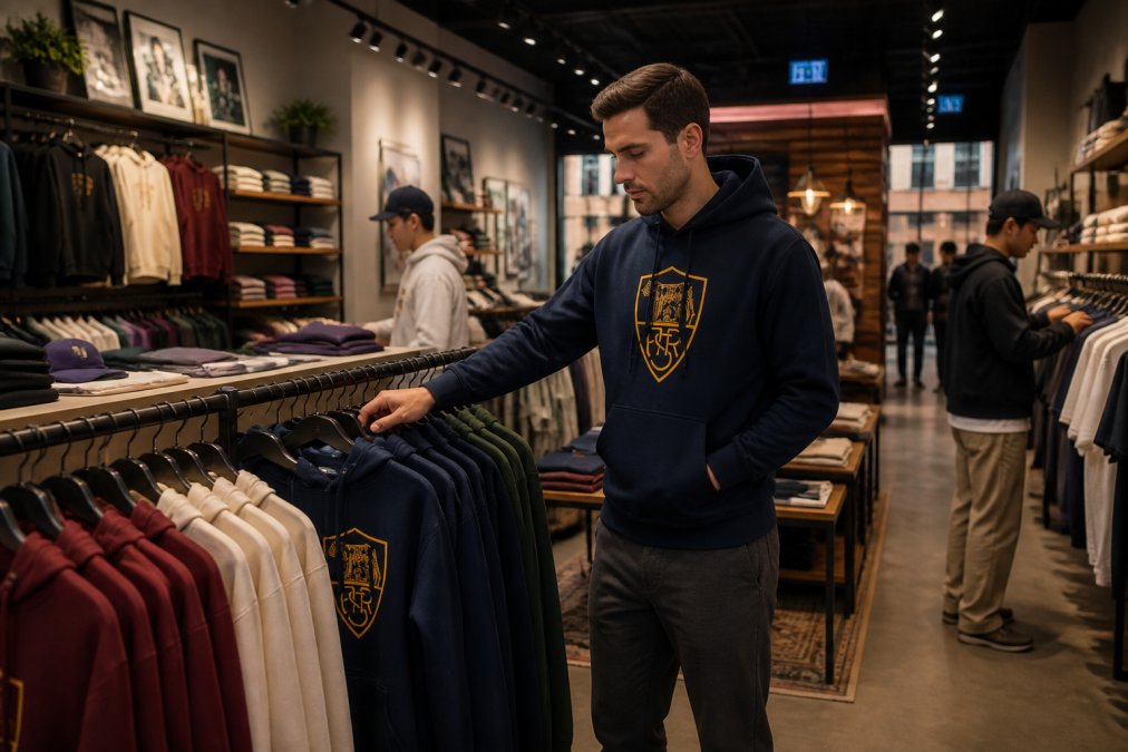 Interieur van een moderne streetwear winkel met kleurrijke collecties hoodies en t-shirts netjes uitgestald, shoppers die door de racks bladeren, warme spotlights die de merchandise accentueren
