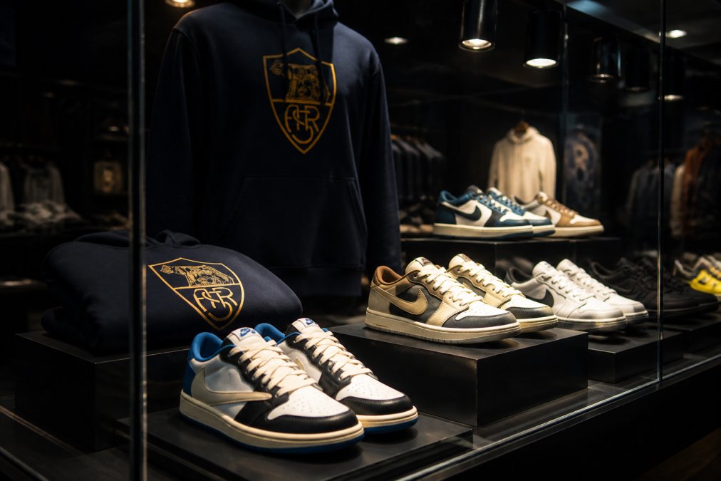 Close-up van een vitrine met premium sneakers en limited edition releases, verschillende merken netjes uitgestald op zwarte displays, spotlights die de details en texturen accentueren