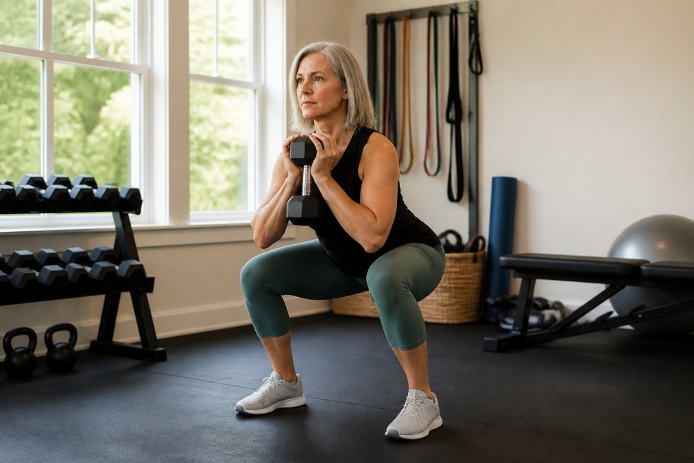 Woman in her 50s performing a dumbbell squat with proper form in a bright home gym, showing controlled posture and knee alignment