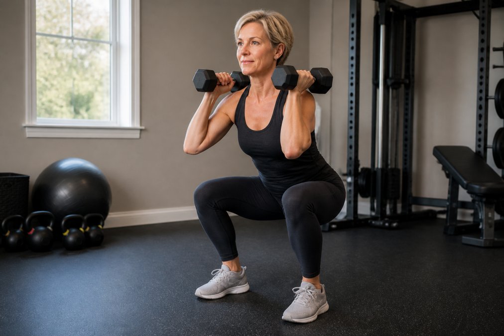 Woman in her 50s performing a dumbbell squat with proper form in a bright home gym, showing controlled posture and knee alignment