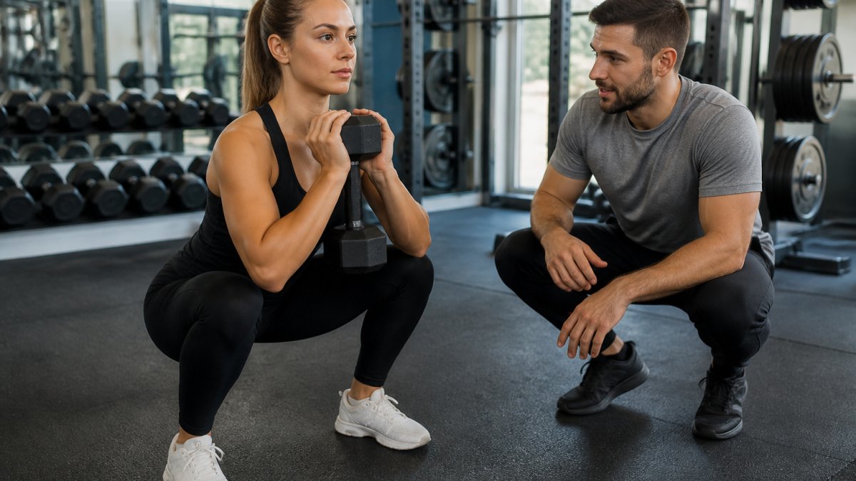 A beginner lifter performing a dumbbell goblet squat in a bright gym with a trainer watching form, showing proper depth and posture