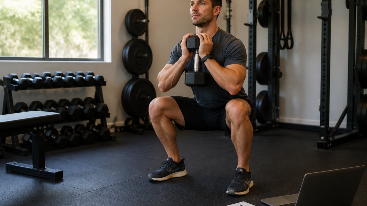 Infographic showing a 3-day strength training routine with a goblet squat and a structured workout plan.