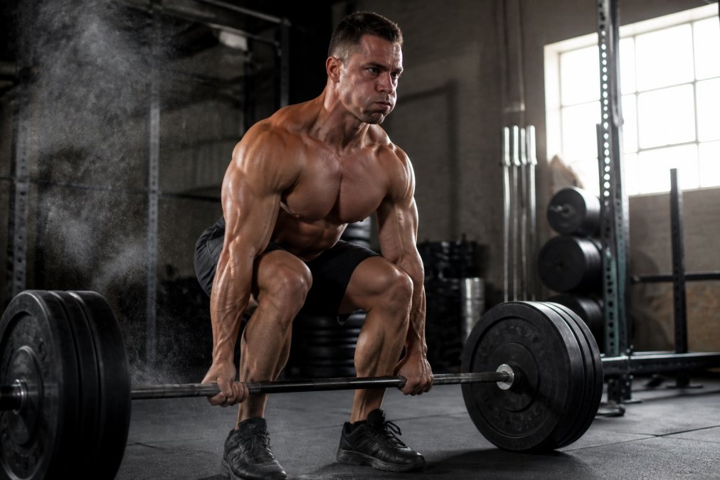 A muscular athlete gripping a loaded barbell in a gritty gym, chalk dust in the air, focused expression, sweat on his brow, natural window lighting