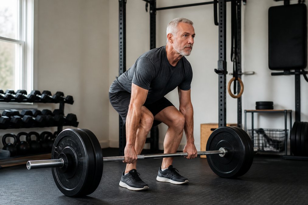 Mature man performing a controlled barbell deadlift with proper neutral spine and engaged core in a home gym setting with natural lighting